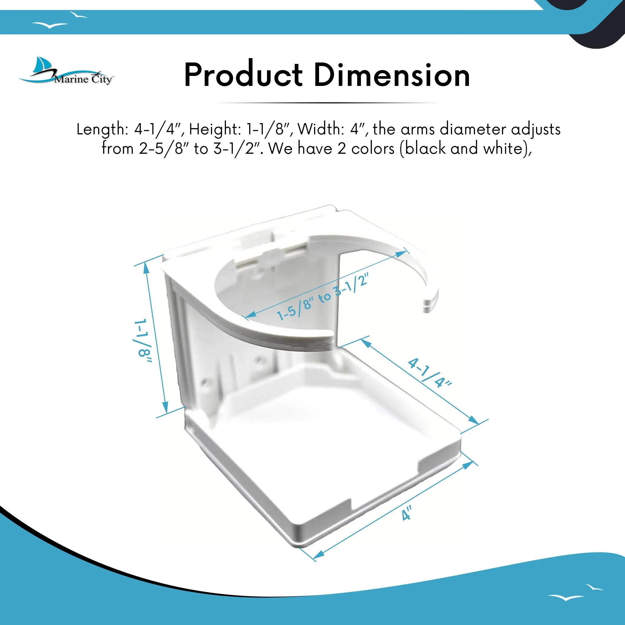 Marine City White ABC Plastic Adjustable Arms Folding Cup Drink Holder (2-5/8” to 3-1/2”) (1pcs)